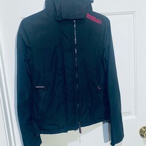 Superdry Black Jacket with pink logo and lining